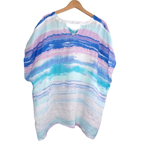 Chico's Mineral Wash Watercolor 100% Linen Kaftan Sz S/M Beachy Tunic Top - Picture 2 of 12